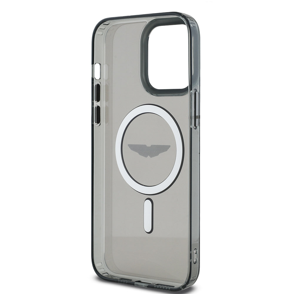 Apple iPhone 14 Pro Max Kılıf Aston Martin Orjinal Lisanslı M-safe Şarj Özellikli IML Baskı Logolu Metal Düğmeli Kapak Siyah