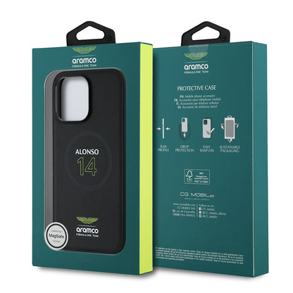 Apple iPhone 14 Pro Max Kılıf Aston Martin Orjinal Lisanslı M-safe Şarj Özellikli PU Deri Alonso 14 Baskılı Kapak Siyah