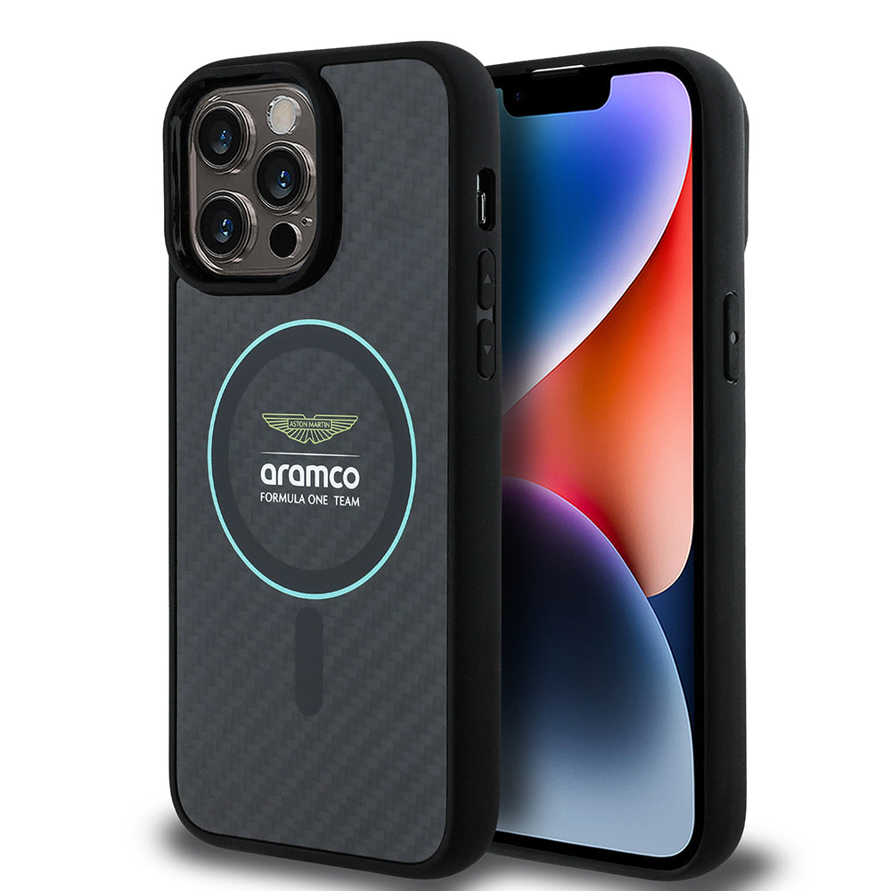 Apple iPhone 14 Pro Max Kılıf Aston Martin Orjinal Lisanslı M-safe Şarj Özellikli Renkli Halka ve Karbon Fiber Tasarımlı Kapak Siyah-Yeşil