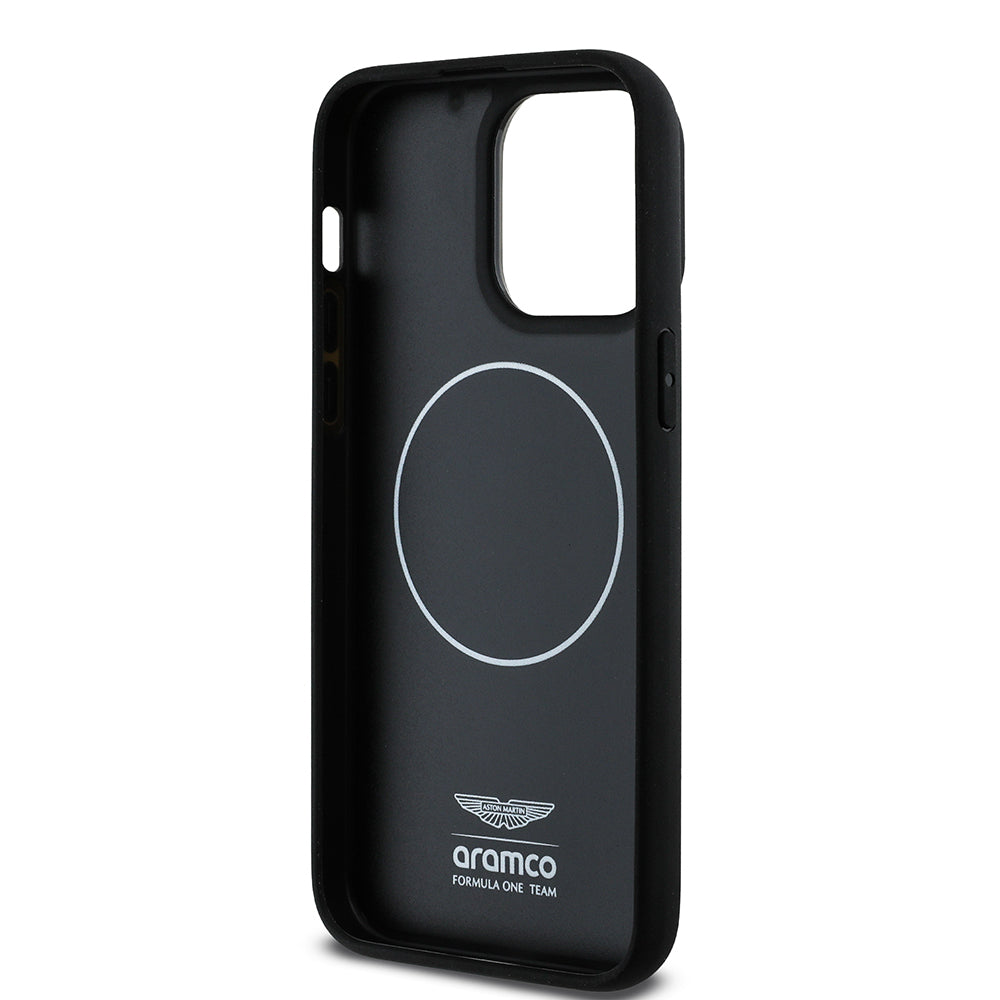 Apple iPhone 14 Pro Max Kılıf Aston Martin Orjinal Lisanslı M-safe Şarj Özellikli Renkli Halka ve Karbon Fiber Tasarımlı Kapak Siyah-Yeşil