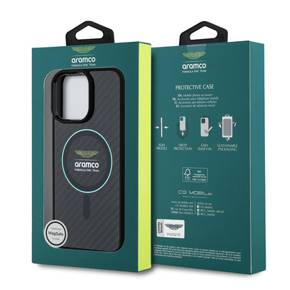 Apple iPhone 14 Pro Max Kılıf Aston Martin Orjinal Lisanslı M-safe Şarj Özellikli Renkli Halka ve Karbon Fiber Tasarımlı Kapak Siyah-Yeşil