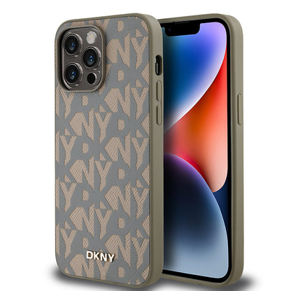 Apple iPhone 14 Pro Max Kılıf DKNY Orjinal Lisanslı M-safe Şarj Özellikli 3D Yazılı Grid Pattern Kapak Gri