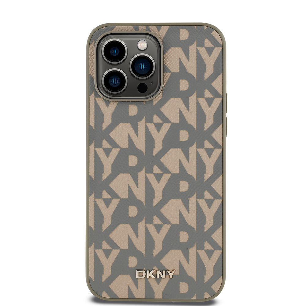 Apple iPhone 14 Pro Max Kılıf DKNY Orjinal Lisanslı M-safe Şarj Özellikli 3D Yazılı Grid Pattern Kapak Gri