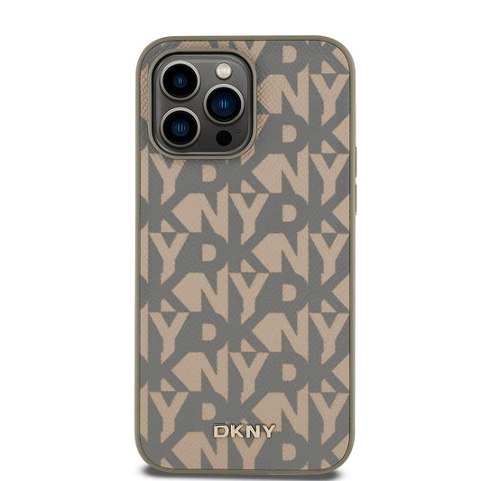 Apple iPhone 14 Pro Max Kılıf DKNY Orjinal Lisanslı M-safe Şarj Özellikli 3D Yazılı Grid Pattern Kapak Gri