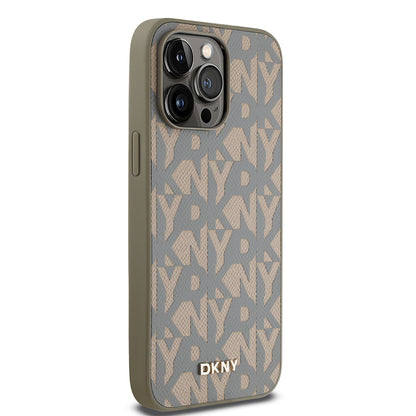 Apple iPhone 14 Pro Max Kılıf DKNY Orjinal Lisanslı M-safe Şarj Özellikli 3D Yazılı Grid Pattern Kapak Kahverengi