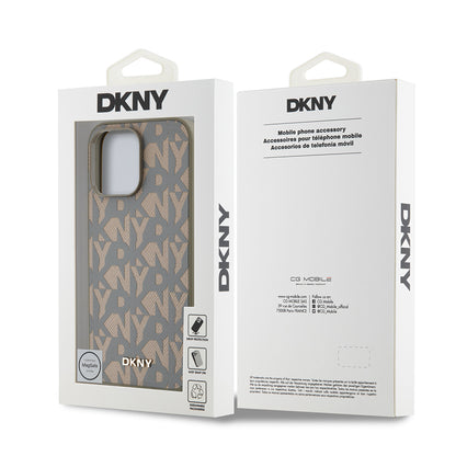 Apple iPhone 14 Pro Max Kılıf DKNY Orjinal Lisanslı M-safe Şarj Özellikli 3D Yazılı Grid Pattern Kapak Kahverengi