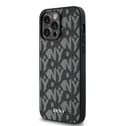 Apple iPhone 14 Pro Max Kılıf DKNY Orjinal Lisanslı M-safe Şarj Özellikli 3D Yazılı Grid Pattern Kapak Kahverengi