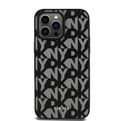 Apple iPhone 14 Pro Max Kılıf DKNY Orjinal Lisanslı M-safe Şarj Özellikli 3D Yazılı Grid Pattern Kapak Kahverengi