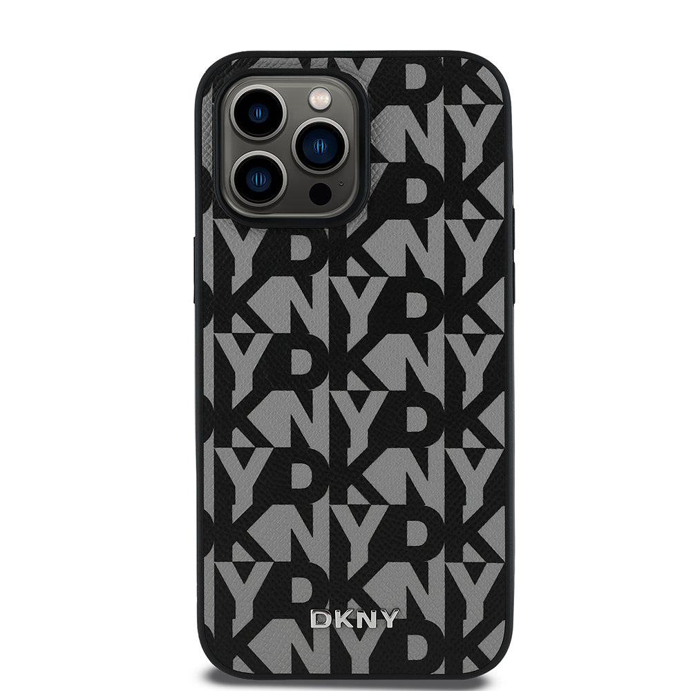 Apple iPhone 14 Pro Max Kılıf DKNY Orjinal Lisanslı M-safe Şarj Özellikli 3D Yazılı Grid Pattern Kapak Gri