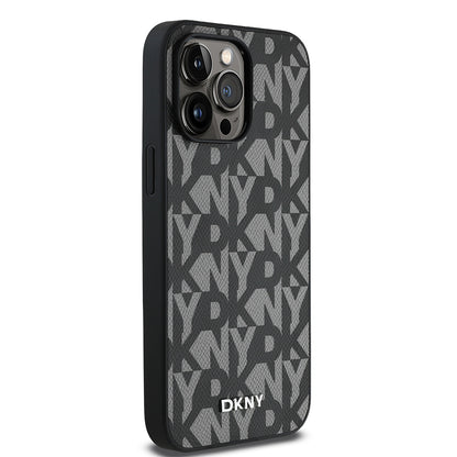 Apple iPhone 14 Pro Max Kılıf DKNY Orjinal Lisanslı M-safe Şarj Özellikli 3D Yazılı Grid Pattern Kapak Kahverengi