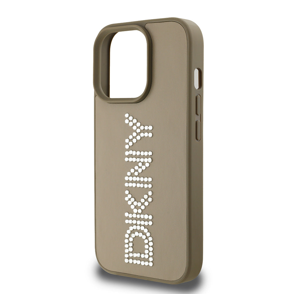 Apple iPhone 14 Pro Max Kılıf DKNY Orjinal Lisanslı Taşlı DKNY Yazılı Metalik Rhinestones PU Deri Kapak Kahverengi