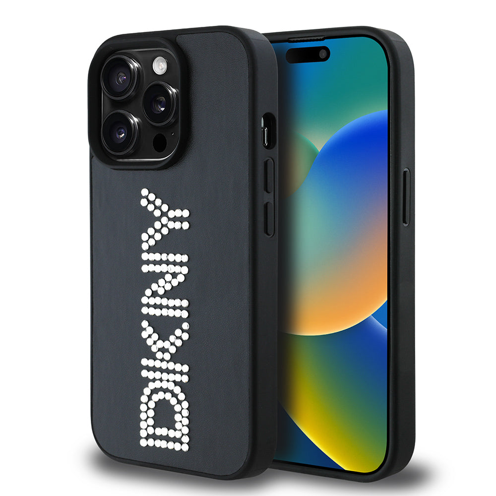 Apple iPhone 14 Pro Max Kılıf DKNY Orjinal Lisanslı Taşlı DKNY Yazılı Metalik Rhinestones PU Deri Kapak Kahverengi