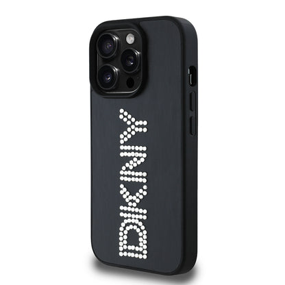 Apple iPhone 14 Pro Max Kılıf DKNY Orjinal Lisanslı Taşlı DKNY Yazılı Metalik Rhinestones PU Deri Kapak Siyah