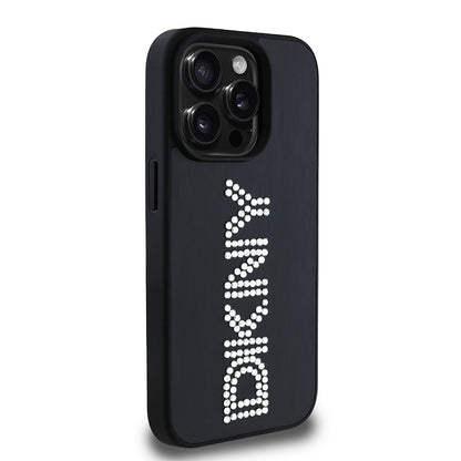 Apple iPhone 14 Pro Max Kılıf DKNY Orjinal Lisanslı Taşlı DKNY Yazılı Metalik Rhinestones PU Deri Kapak Kahverengi
