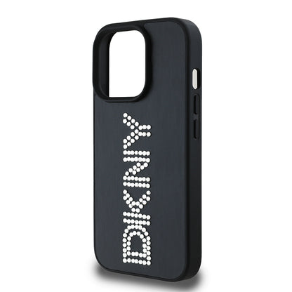 Apple iPhone 14 Pro Max Kılıf DKNY Orjinal Lisanslı Taşlı DKNY Yazılı Metalik Rhinestones PU Deri Kapak Kahverengi