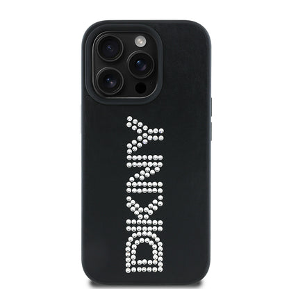 Apple iPhone 14 Pro Max Kılıf DKNY Orjinal Lisanslı Taşlı DKNY Yazılı Metalik Rhinestones PU Deri Kapak Siyah