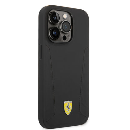Apple iPhone 14 Pro Max Kılıf Ferrari M-safe Şarj Özellikli Deri Kenarları Damgalı Dizayn Kapak Siyah