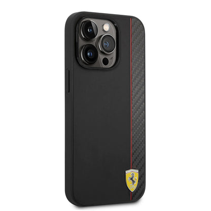 Apple iPhone 14 Pro Max Kılıf Ferrari M-safe Şarj Özellikli Pu Deri Ve Karbon Şeritli Dizayn Kapak