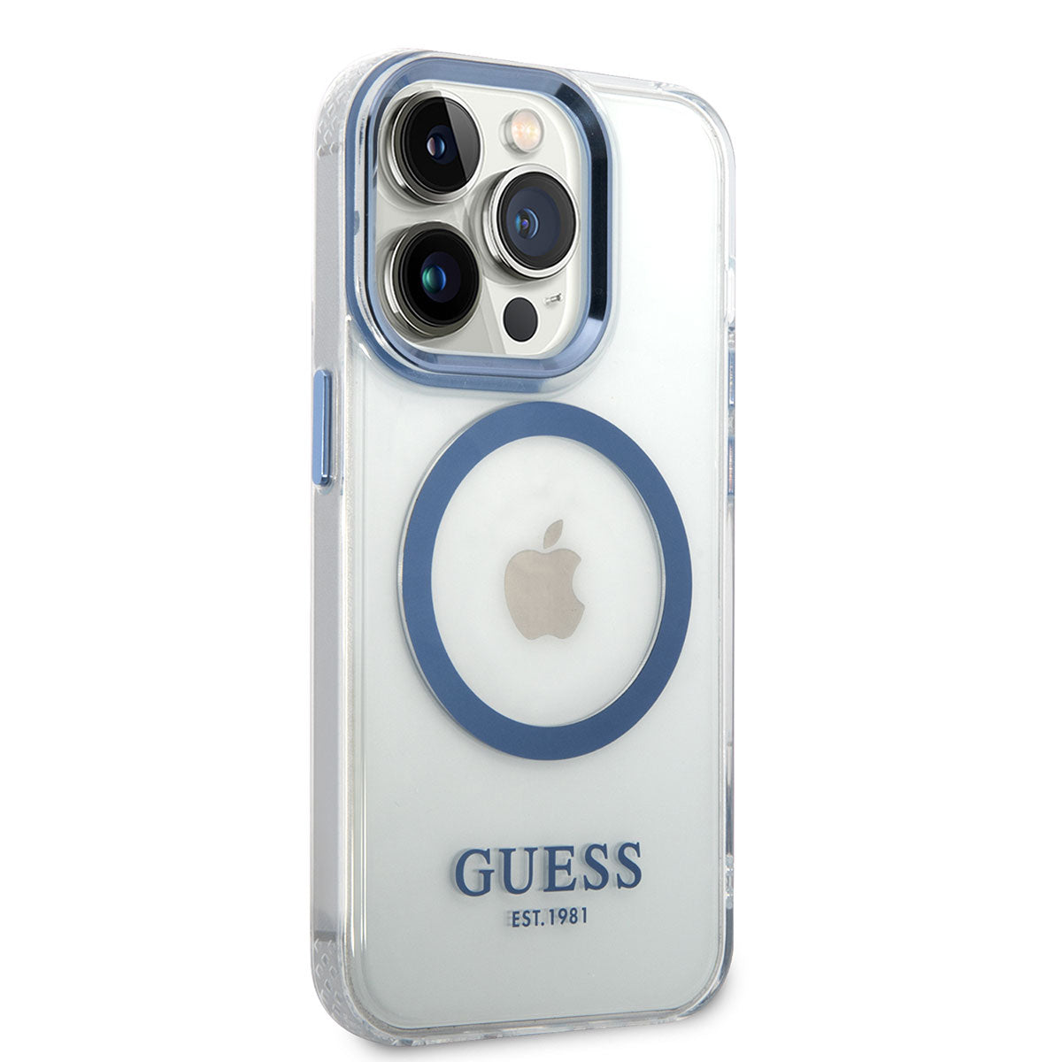 Apple iPhone 14 Pro Max Kılıf GUESS M-safe Şarj Özellikli Metal Kamera Çerçeveli Kapak Mavi