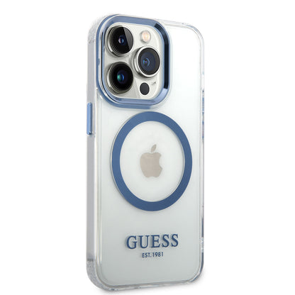 Apple iPhone 14 Pro Max Kılıf GUESS M-safe Şarj Özellikli Metal Kamera Çerçeveli Kapak Mavi