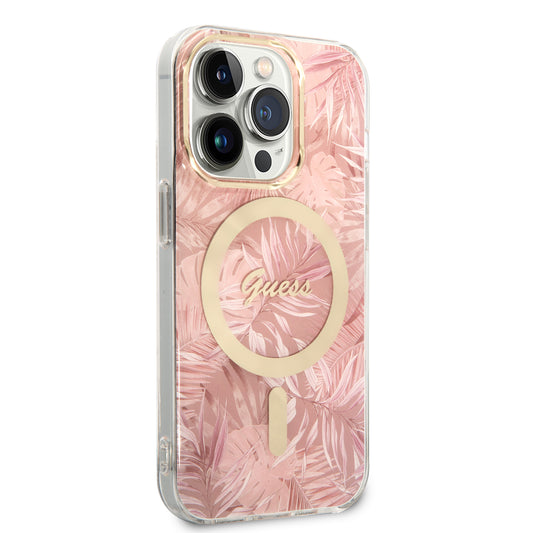 Apple iPhone 14 Pro Max Kılıf GUESS M-safe Şarj Özellikli Yaprak Desenli M-safe Şarj Kablolu Kapak