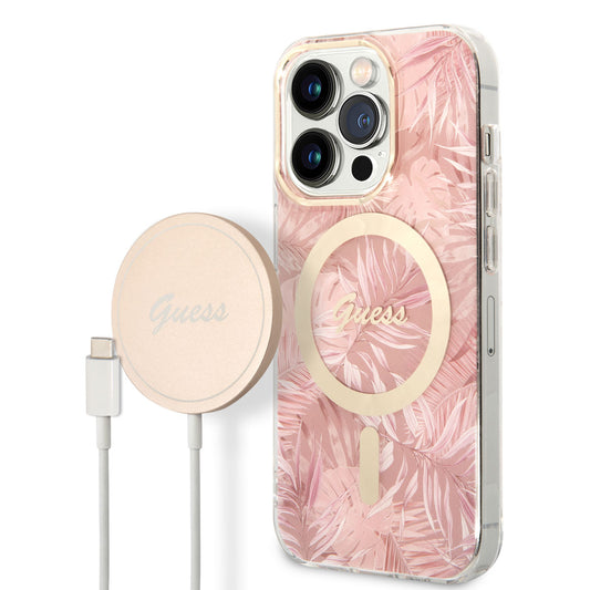 Apple iPhone 14 Pro Max Kılıf GUESS M-safe Şarj Özellikli Yaprak Desenli M-safe Şarj Kablolu Kapak