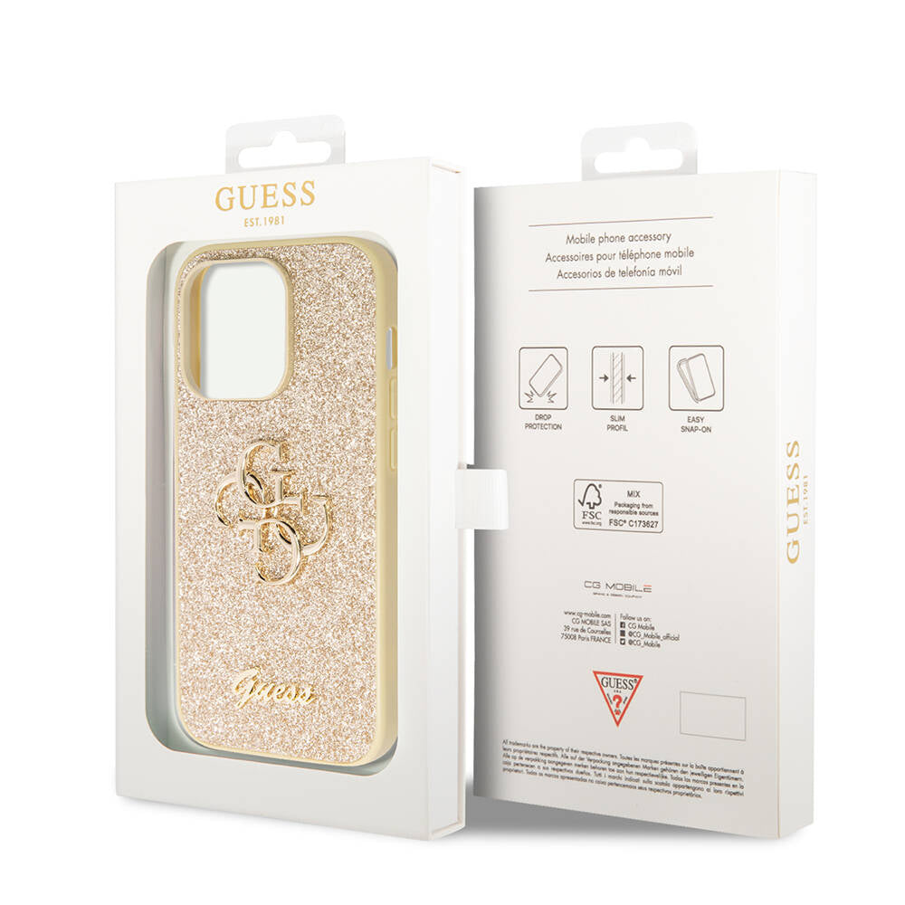 Apple iPhone 14 Pro Max Kılıf Guess Orjinal Lisanslı 4G Büyük Metal Logolu Glitter Kapak Pembe