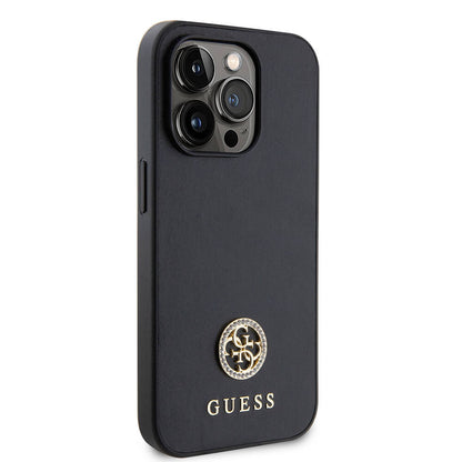 Apple iPhone 14 Pro Max Kılıf Guess Orjinal Lisanslı Deri 4G Metal Logo Strass Kapak Gold