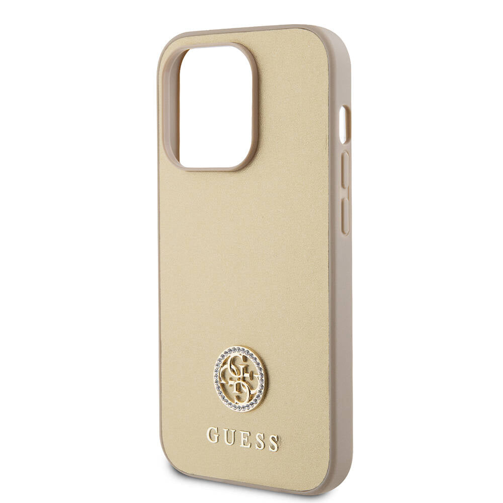 Apple iPhone 14 Pro Max Kılıf Guess Orjinal Lisanslı Deri 4G Metal Logo Strass Kapak Gold