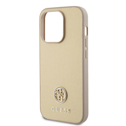 Apple iPhone 14 Pro Max Kılıf Guess Orjinal Lisanslı Deri 4G Metal Logo Strass Kapak Gold