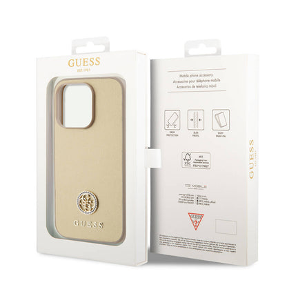 Apple iPhone 14 Pro Max Kılıf Guess Orjinal Lisanslı Deri 4G Metal Logo Strass Kapak Gold