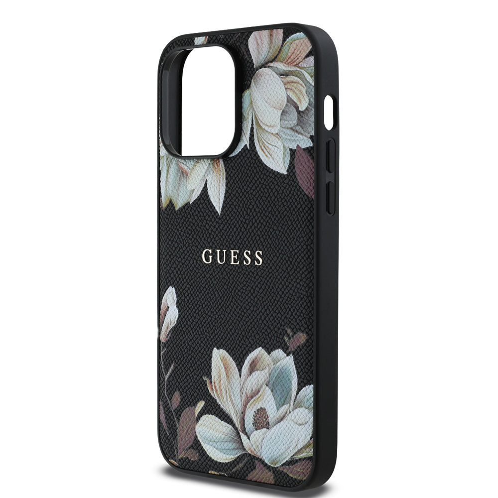 Apple iPhone 14 Pro Max Kılıf Guess Orjinal Lisanslı M-safe Şarj Özellikli Taneli Çiçek Tasarımlı Metal Yazı Logolu Kapak Pembe