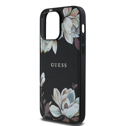 Apple iPhone 14 Pro Max Kılıf Guess Orjinal Lisanslı M-safe Şarj Özellikli Taneli Çiçek Tasarımlı Metal Yazı Logolu Kapak Pembe