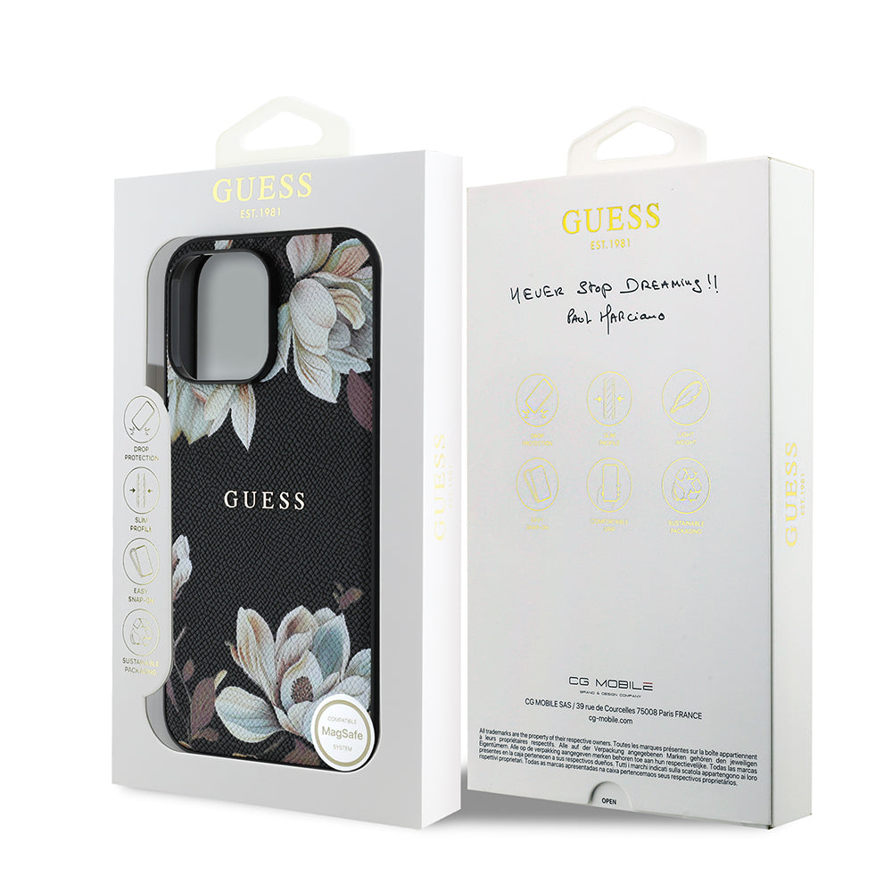 Apple iPhone 14 Pro Max Kılıf Guess Orjinal Lisanslı M-safe Şarj Özellikli Taneli Çiçek Tasarımlı Metal Yazı Logolu Kapak Siyah