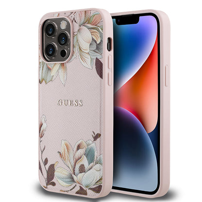 Apple iPhone 14 Pro Max Kılıf Guess Orjinal Lisanslı M-safe Şarj Özellikli Taneli Çiçek Tasarımlı Metal Yazı Logolu Kapak Pembe