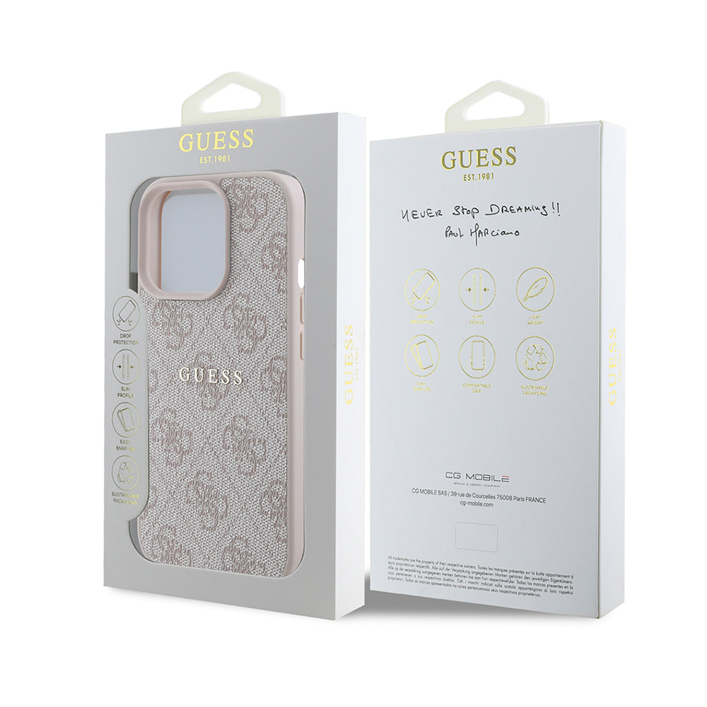 Apple iPhone 14 Pro Max Kılıf Guess Orjinal Lisanslı M-safe Şarj Özellikli 4G Desen Yazı Logolu Kapak Pembe