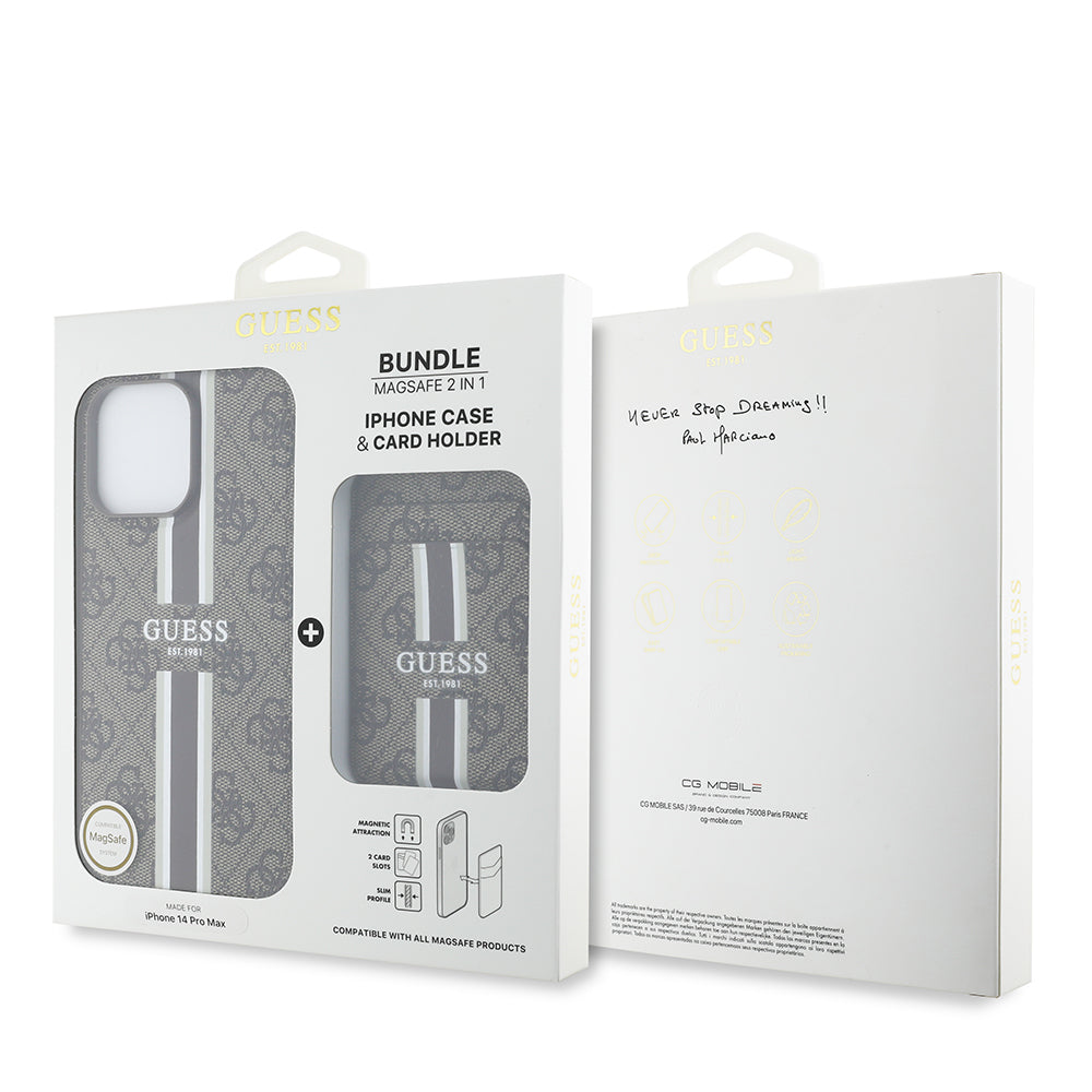 Apple iPhone 14 Pro Max Kılıf Guess Orjinal Lisanslı M-safe Şarj Özellikli 4G Desenli Çizgili Kartlıklı Kapak Kahverengi