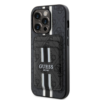 Apple iPhone 14 Pro Max Kılıf Guess Orjinal Lisanslı M-safe Şarj Özellikli 4G Desenli Çizgili Kartlıklı Kapak Kahverengi