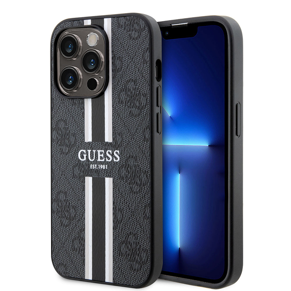 Apple iPhone 14 Pro Max Kılıf Guess Orjinal Lisanslı M-safe Şarj Özellikli 4G Şerit Tasarımlı Printed Kapak Kahverengi