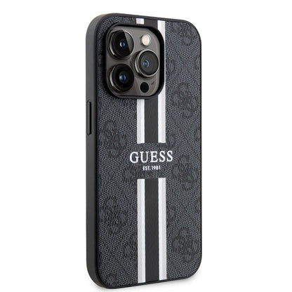 Apple iPhone 14 Pro Max Kılıf Guess Orjinal Lisanslı M-safe Şarj Özellikli 4G Şerit Tasarımlı Printed Kapak Kahverengi