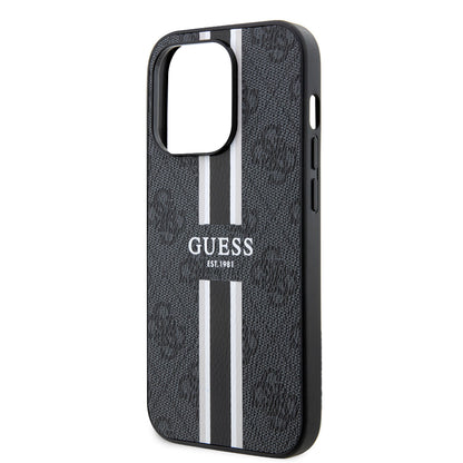 Apple iPhone 14 Pro Max Kılıf Guess Orjinal Lisanslı M-safe Şarj Özellikli 4G Şerit Tasarımlı Printed Kapak Kahverengi
