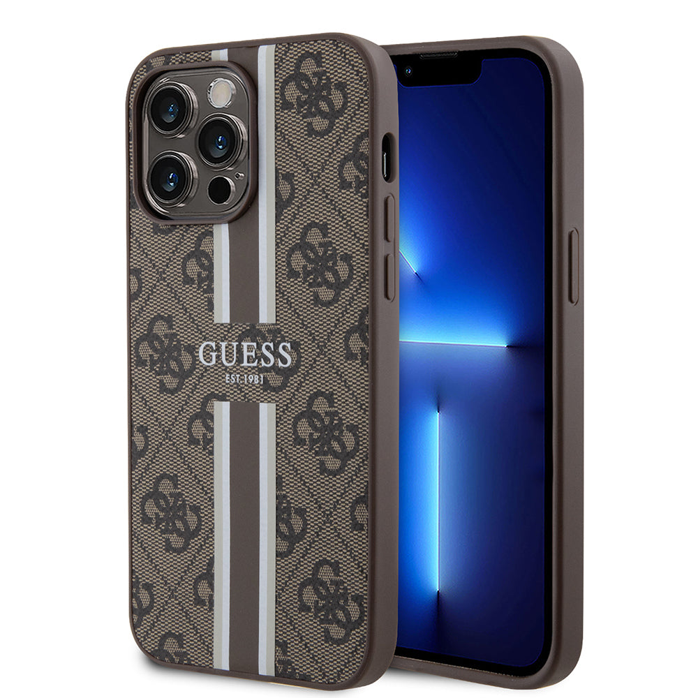 Apple iPhone 14 Pro Max Kılıf Guess Orjinal Lisanslı M-safe Şarj Özellikli 4G Şerit Tasarımlı Printed Kapak Kahverengi