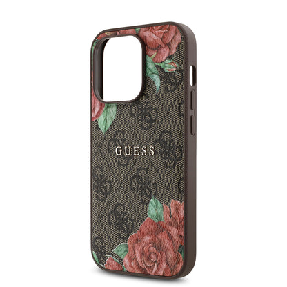 Apple iPhone 14 Pro Max Kılıf Guess Orjinal Lisanslı M-safe Şarj Özellikli Gül Baskılı 4G Desenli Yazı Logolu Kapak Siyah