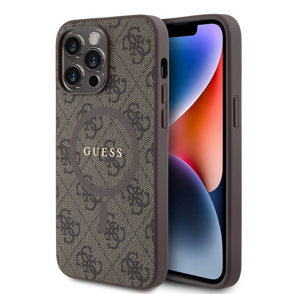 Apple iPhone 14 Pro Max Kılıf Guess Orjinal Lisanslı M-safe Şarj Özellikli PU Halkalı 4G Desenli Yazı Logolu Kapak Pembe
