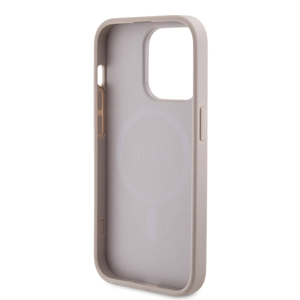 Apple iPhone 14 Pro Max Kılıf Guess Orjinal Lisanslı M-safe Şarj Özellikli PU Halkalı 4G Desenli Yazı Logolu Kapak Siyah