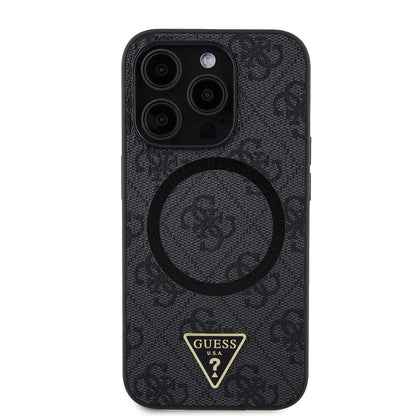 Apple iPhone 14 Pro Max Kılıf Guess Orjinal Lisanslı M-safe Şarj Özellikli PU Üçgen Logo 4G Desenli Kapak Kahverengi