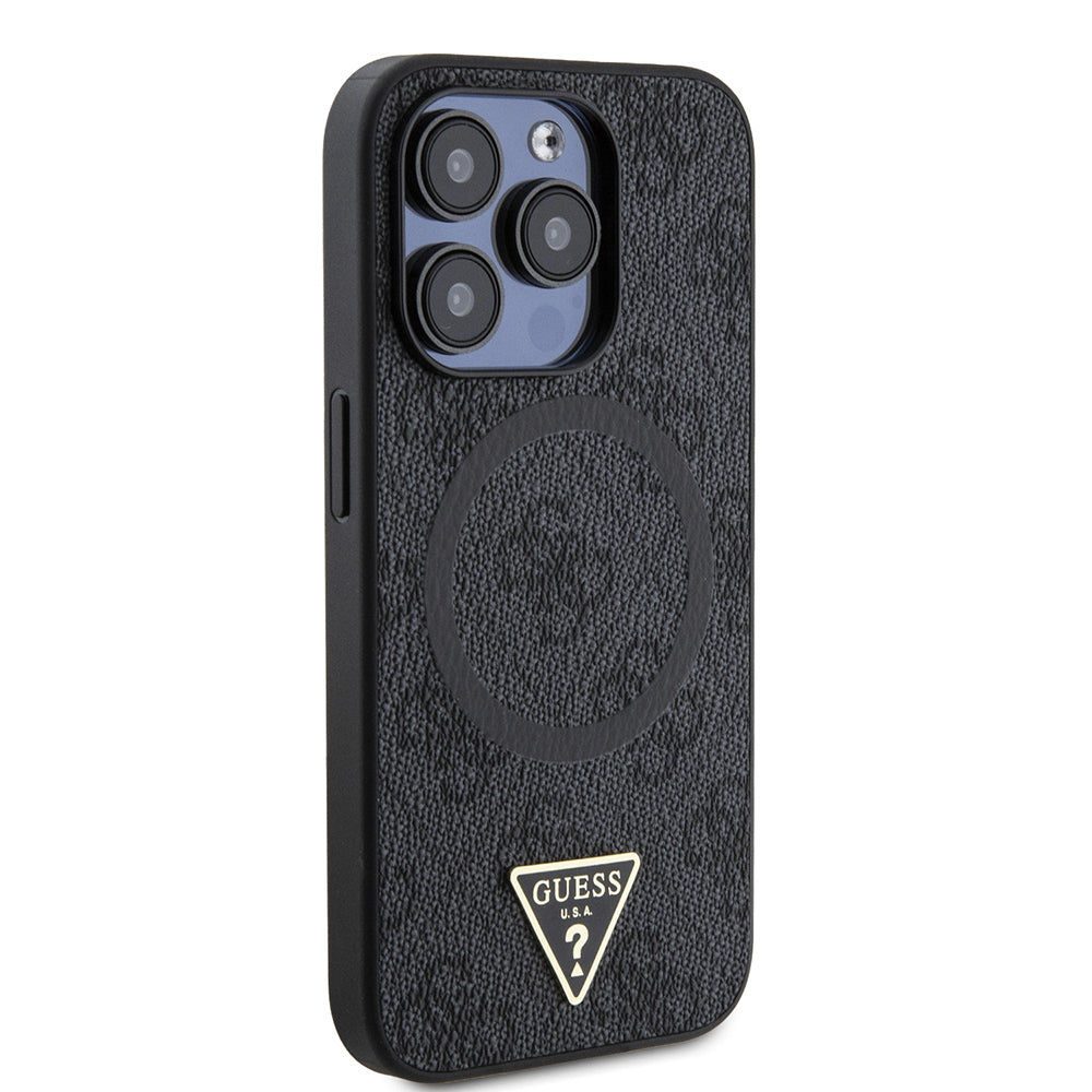 Apple iPhone 14 Pro Max Kılıf Guess Orjinal Lisanslı M-safe Şarj Özellikli PU Üçgen Logo 4G Desenli Kapak Siyah