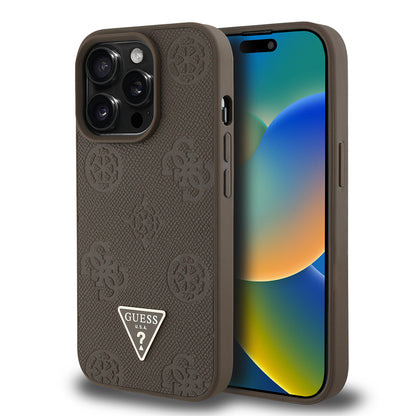 Apple iPhone 14 Pro Max Kılıf Guess Orjinal Lisanslı M-safe Şarj Özellikli Sıcak Baskılı Üçgen Logolu PU Deri Peony Kapak Kahverengi