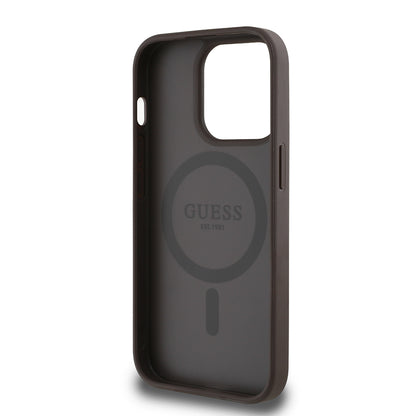 Apple iPhone 14 Pro Max Kılıf Guess Orjinal Lisanslı M-safe Şarj Özellikli Sıcak Baskılı Üçgen Logolu PU Deri Peony Kapak Kahverengi