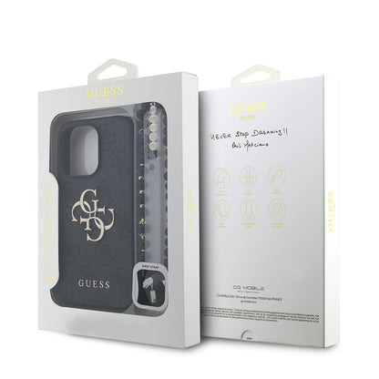 Apple iPhone 14 Pro Max Kılıf Guess Orjinal Lisanslı PU Deri Bilek Askı İpli Metal Büyük 4G ve Yazı Logolu Kapak Pembe